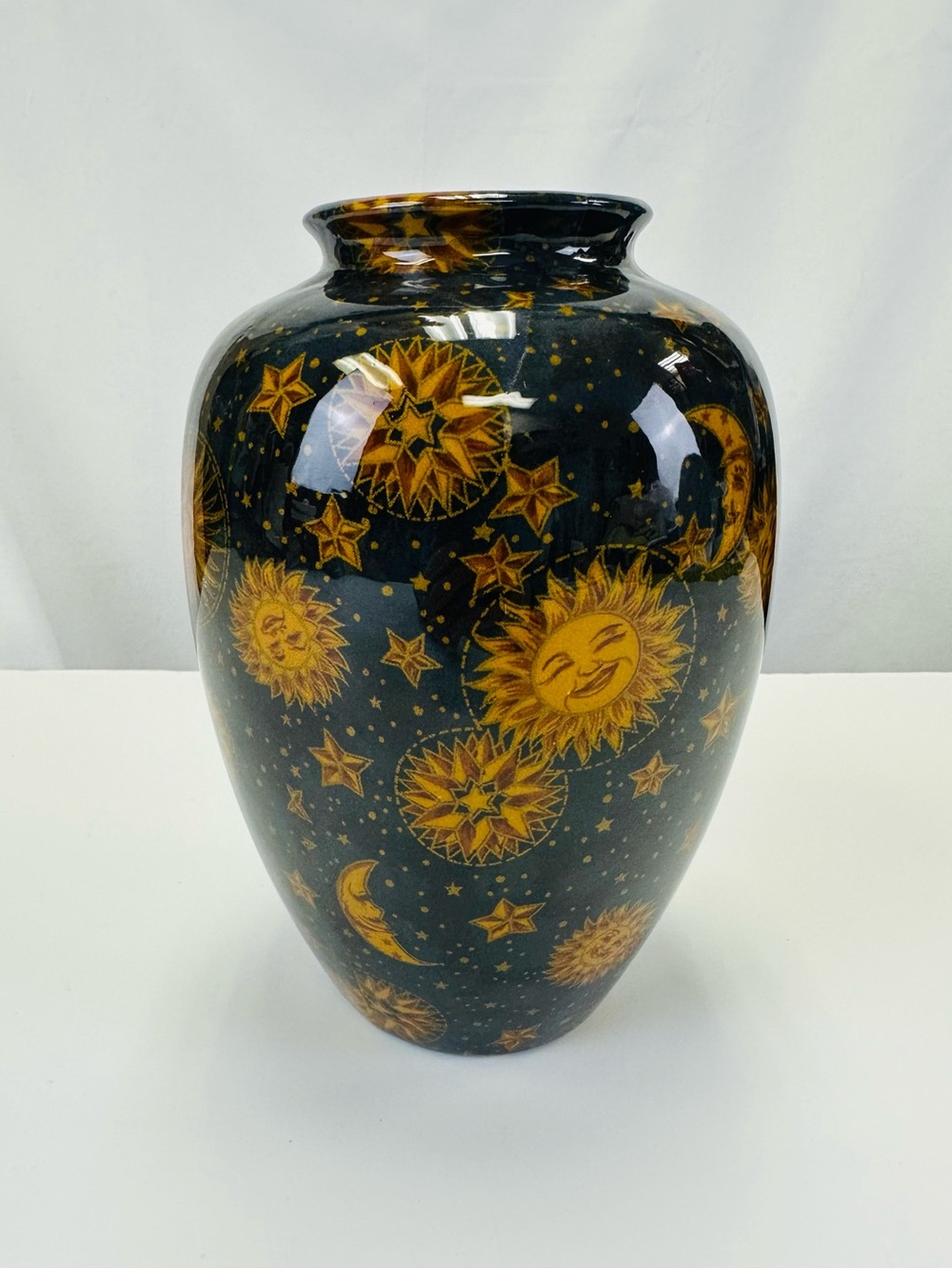 Celestial Sun Moon Stars Vase Navy Gold Whimsigoth Decor RARE 90s Mystical